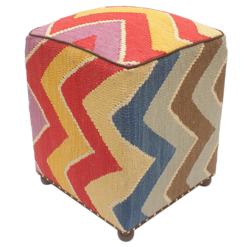 Repose-pieds standard carré de 15 po de largeur Aprea, Rouge / bleu / brun clair / laine beige