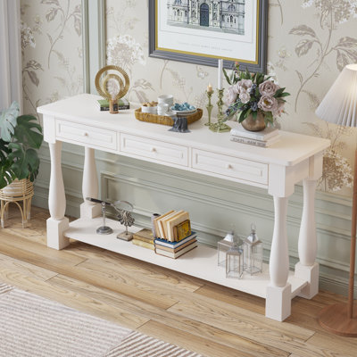 64.17in Vintage White Extended 2-Layer Hall Table with Three Drawers and Curved Legs