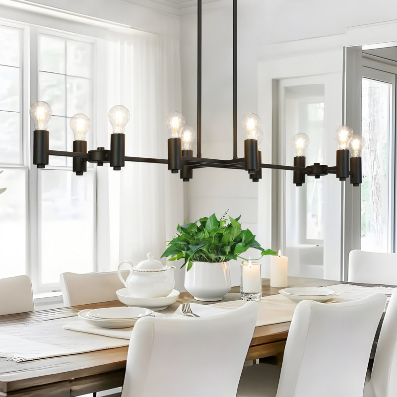 Modern 10-Light Matte Black Linear Chandelier for Dining & Kitchen