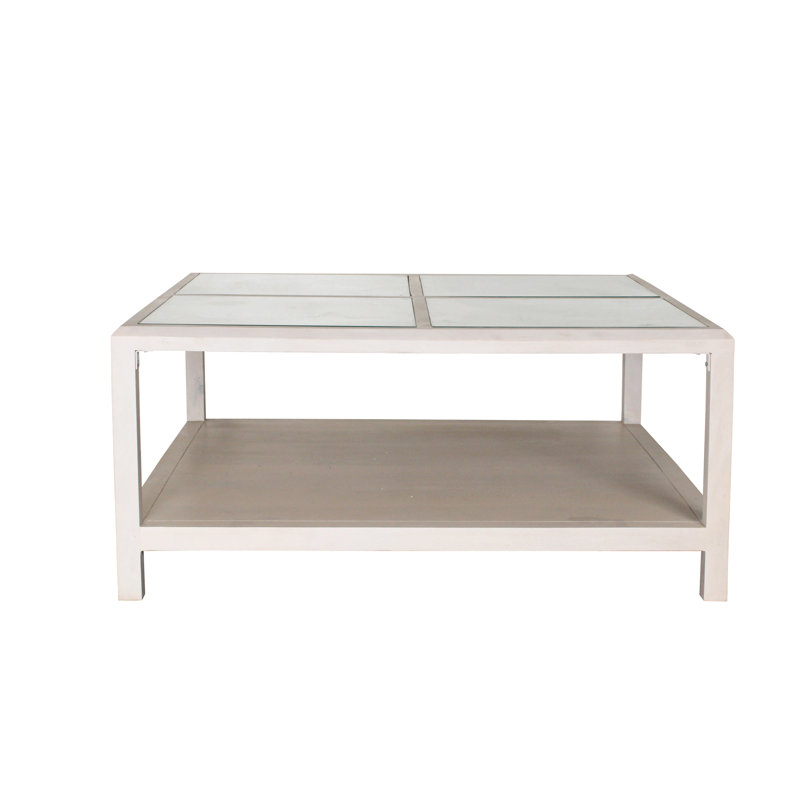 Coastal Whitewashed Glass/Solid Wood Coffee Table
