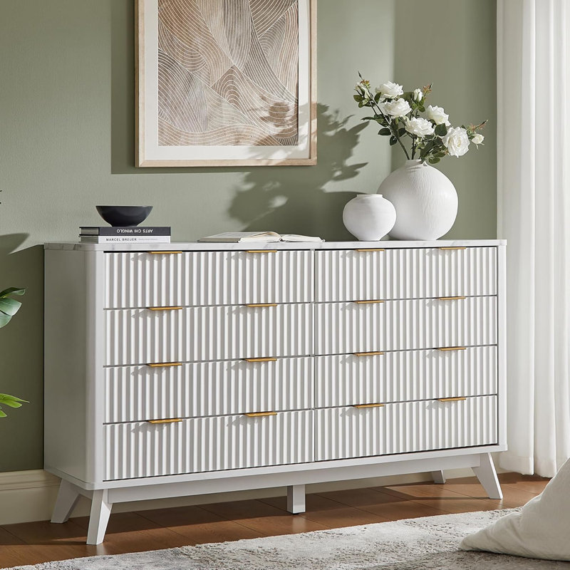 8-Drawer Fluted Dresser With Faux Marble Top & Triple-Room Storage, White