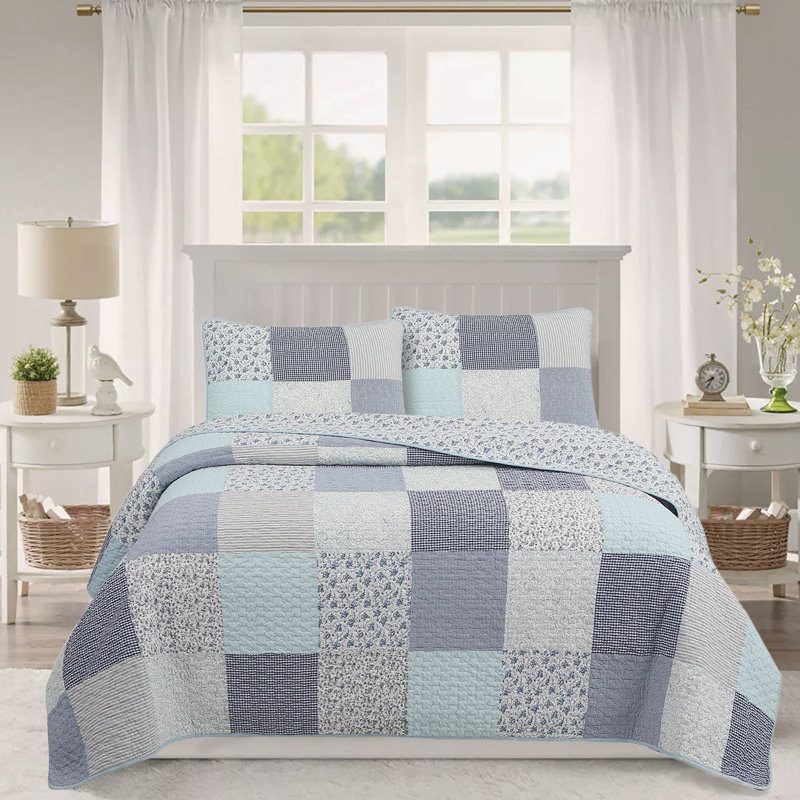 Ensemble de literie à courtepointe en coton à motif floral à carreaux 3 pièces Subtle Blue