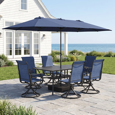 Auer 6 Person Rectangular Patio Dining Set With Umbrella & Swivel Textline Chairs