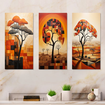 «Cubist African Tree Landscape I», ensemble de 3 reproductions d'art mural en métal