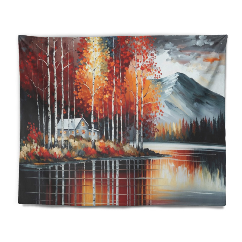 Cabin By The Lake In Autumn II Polyester Tapestry, 32" H x 39" W