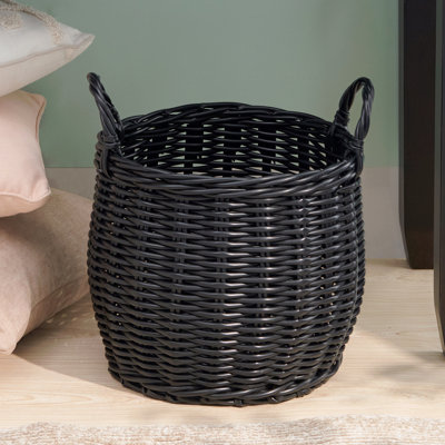 Round Resin Woven Wicker Basket With Handles- For Clothes, Towels, Toys, Magazines Storage And Home Decoration