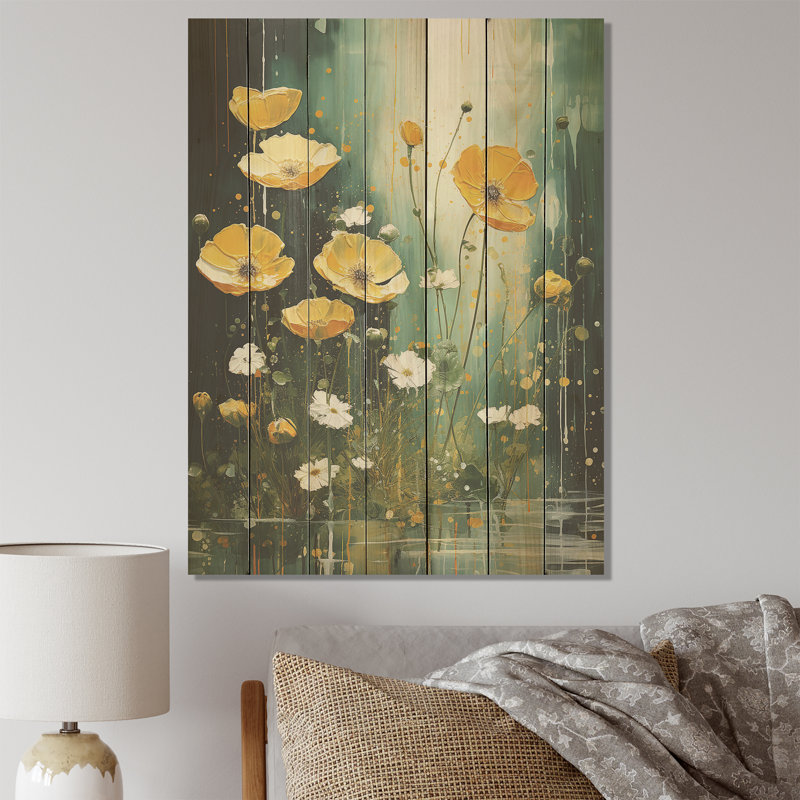 «Yellow Buttercup» jaune, fleurs et beauté III - boutons d'or sur bois, H 44 po x l 34 po