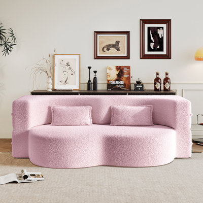 Modern 78.7" Floor Sofa With 2 Pillows For Small Pace Living Room, Convertible Teddy Fabric Foam-Filled Sleeper Sofa Bed, Folding Mattress, No Assembly Required