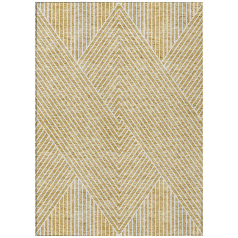 3' X 5' Gold And Ivory Geometric Washable Indoor Outdoor Area Rug