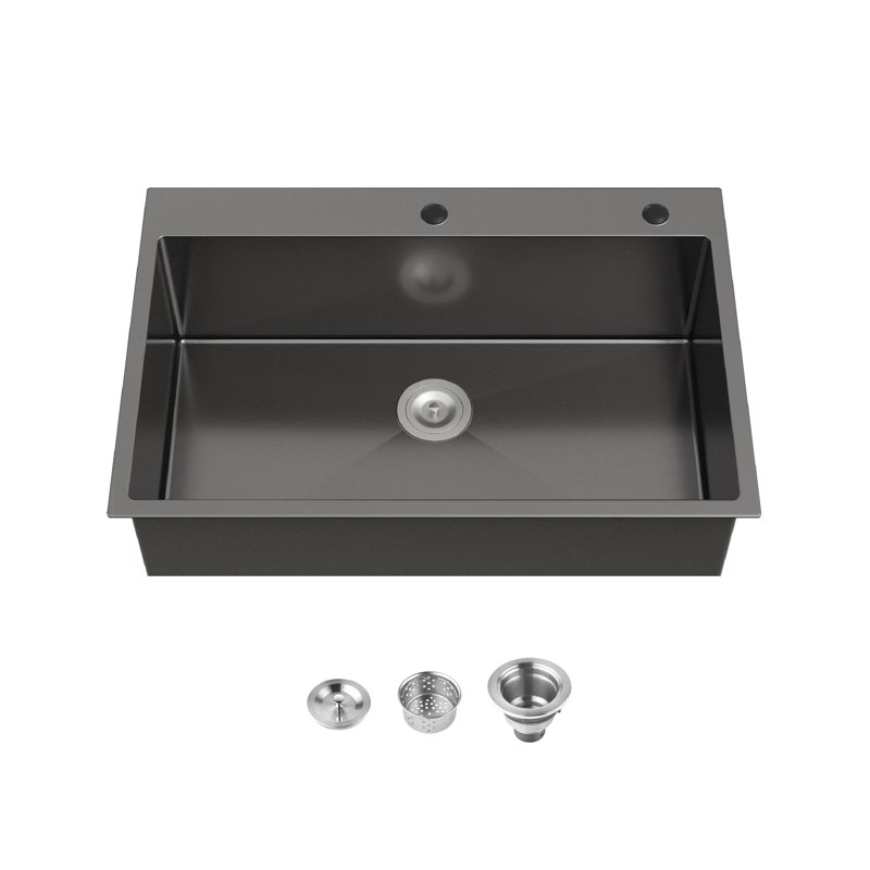 33"x22" Black Stainless Steel Drop-In Kitchen Sink – Single Bowl 16 Gauge Topmount Sink with US Drain & Hooks, Gunmetal Black