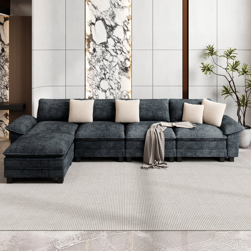 158"Modular Sectional Sofa with Ottoman, Oversized L-Shaped Deep Seat Couch with Wide Removable Armrests, Navy Chenille