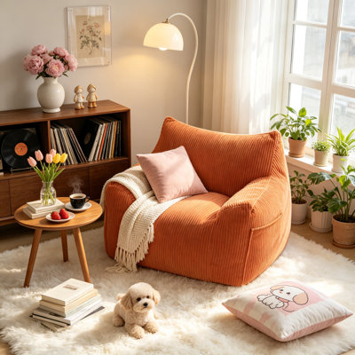 Orange 39" corduroy lazy sofa lounge chair with soft faux fur, no assembly single seat beanbag for living room bedroom dorm