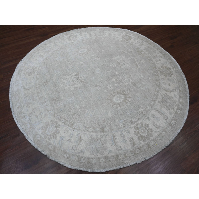 Tapis oriental rond 8 pi x 8 pi gris délavé avec motif Ziegler Mahal délavé avec motif intégral, noué à la main, 100% laine