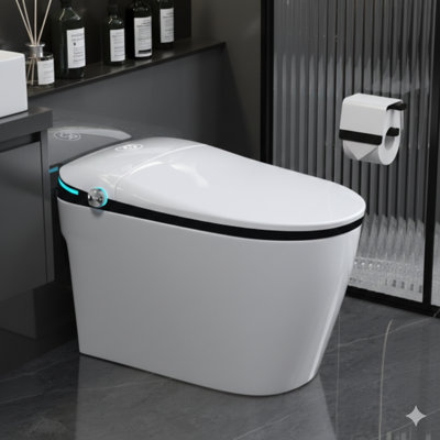 Toilette intelligente de qualité supérieure avec siège de bidet intégré, avec ouverture / fermeture automatique du couvercle, activation du capteur de pied, affichage à DEL, veilleuse et fonctions de lavage et de séchage à l'eau chaude, en blanc.