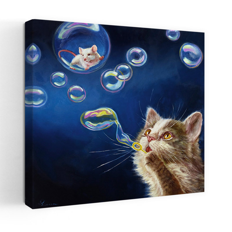 Blowing Bubbles Contemporary Cat Urban Art, 32" H x 32" W