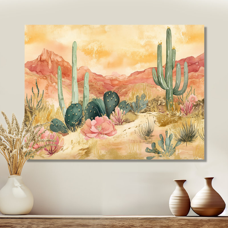 «Desert Bloom Awakening - Southwestern Landscape», art mural encadré, 34" H x 44" W, Toile tendue