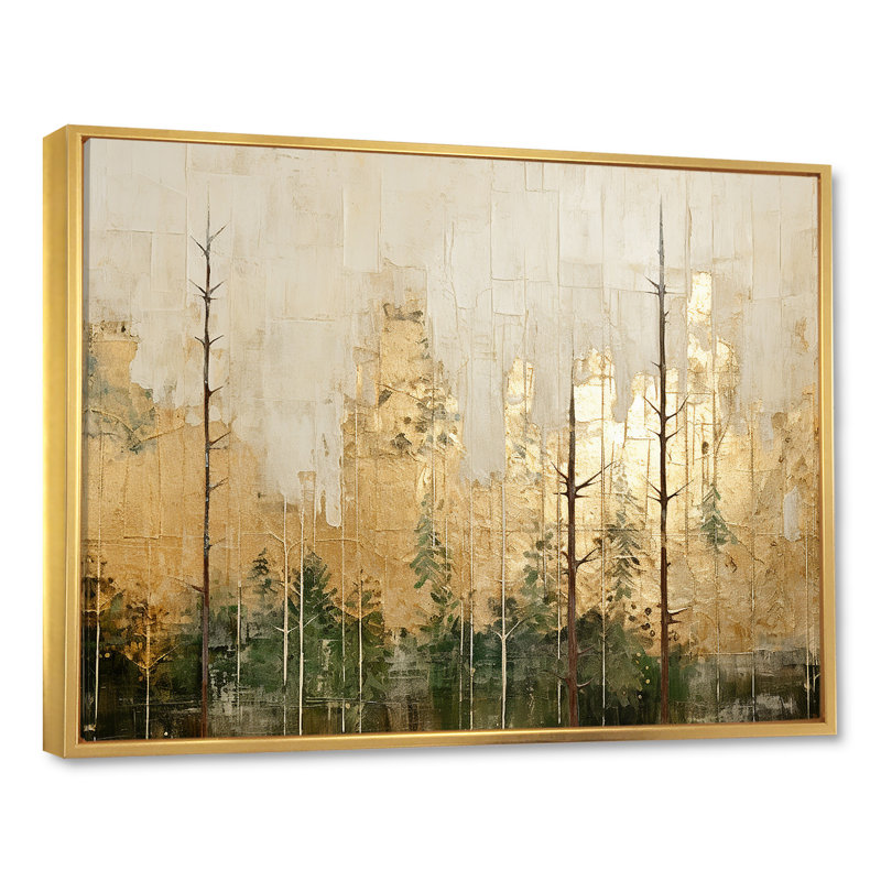 «Minimalisme beige et or forêt I», art mural sur toile forêt, H 30 po x l 40 po x P 1,5 po, Cadre flottant doré