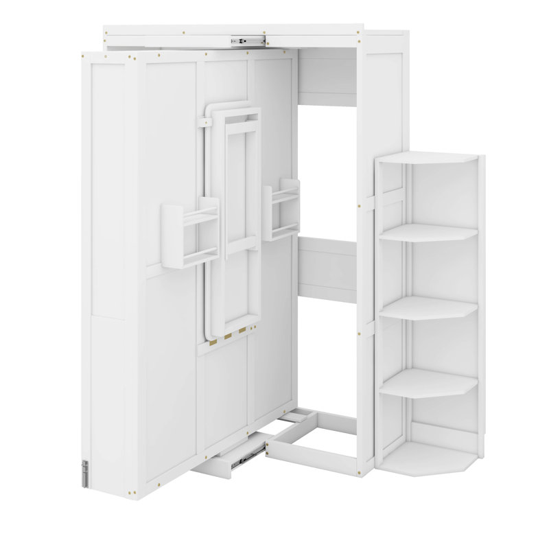 Lit escamotable rotatif avec bureau et deux tablettes latérales à 3 niveaux, lit mural vertical en bois avec bureau convertible, supports de rangement supplémentaires