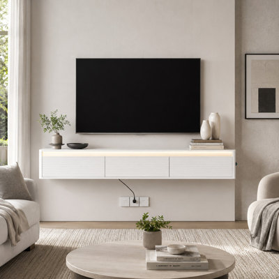 Fluted Floating TV Stand with LED Lights & Power Outlet, Wall Mounted Media Console with Storage and USB Ports