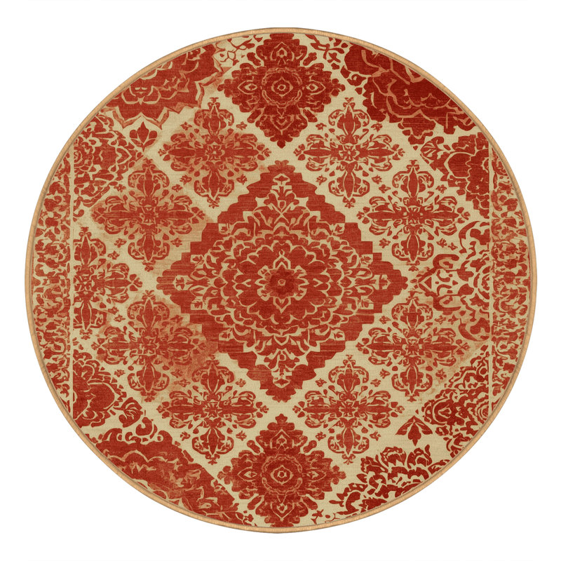 Soft Plush Eakes Bohemian Block Print Area Rug in Brown – LightBrown Binding, 8' Round