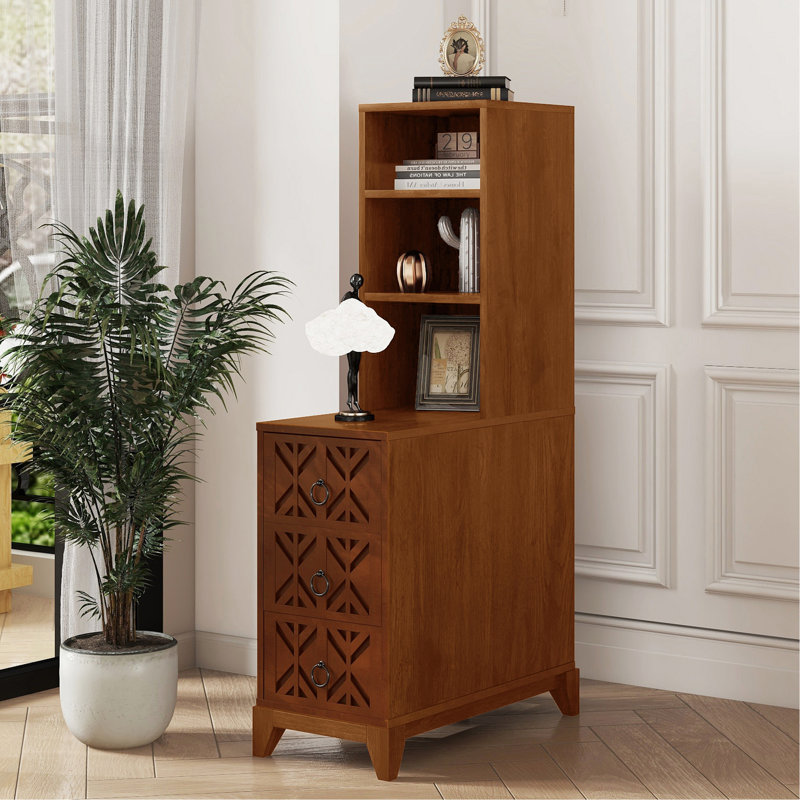 Table de bout avec 3 tiroirs, table de coin avec 2 tablettes ouvertes, table d'appoint haute pour chambre à coucher et coin