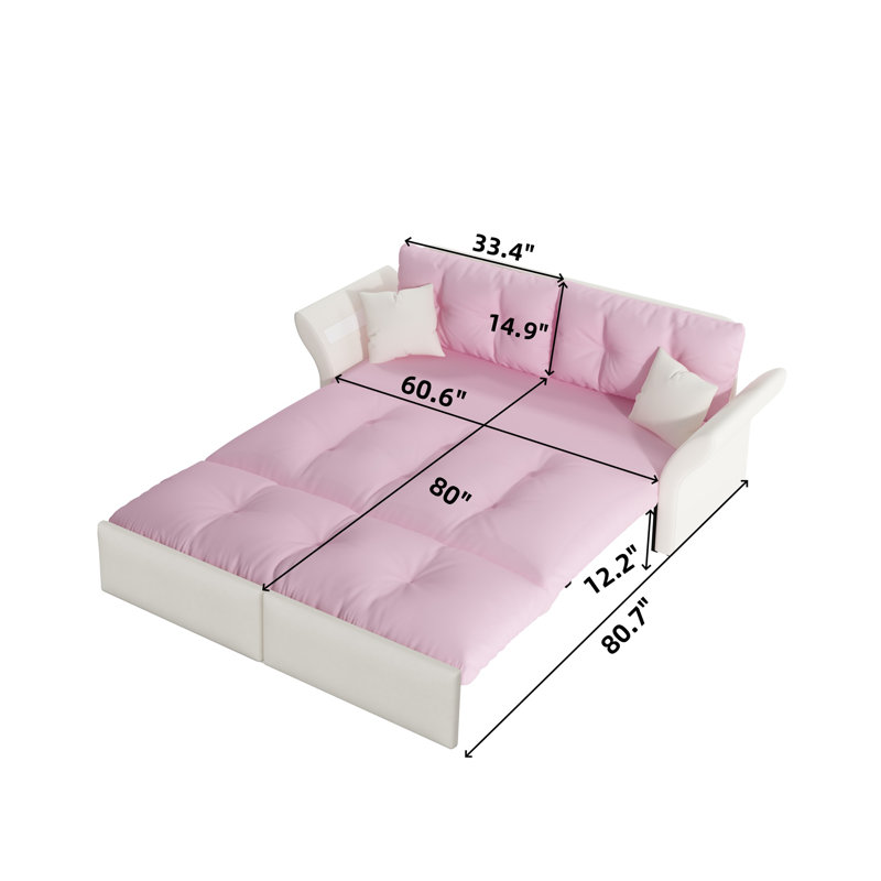 74.8" Queen Pull Out Sofa Bed - 3-In-1 Convertible Tufted Velvet Loveseat With 2 Soft Pillows​, Pink 