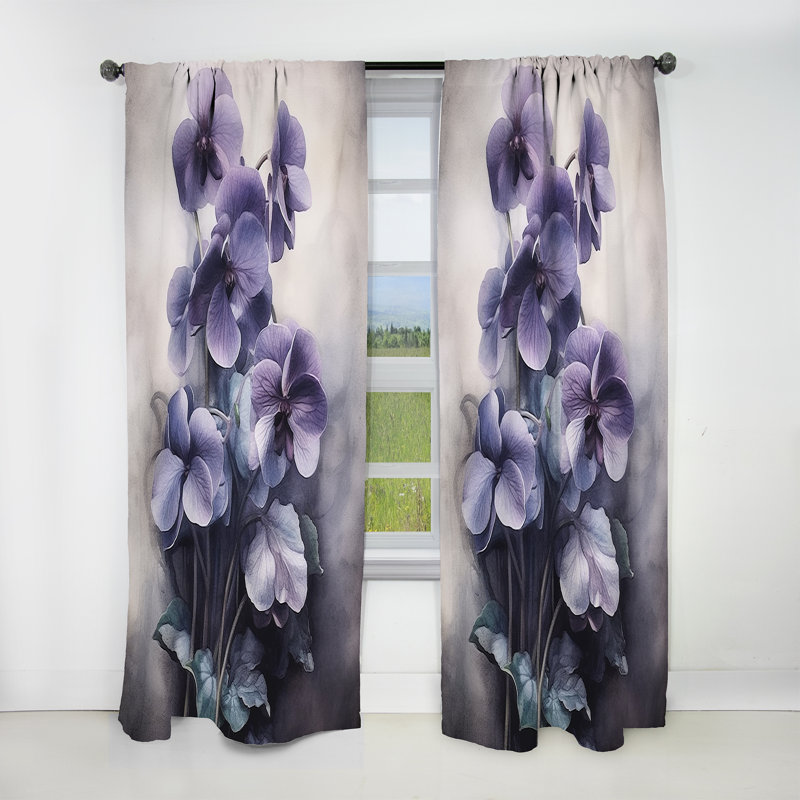 Purple Grey Violets Dream II - Traditional Velvet Blackout Floral Curtain - 1 Panel, 52" W x 95" L