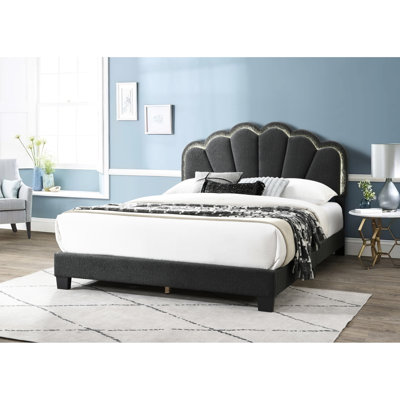 Contemporary Queen Size Bed With Wool Fabric And Built Led Headboard - Bedroom Furniture Charcoal Modern