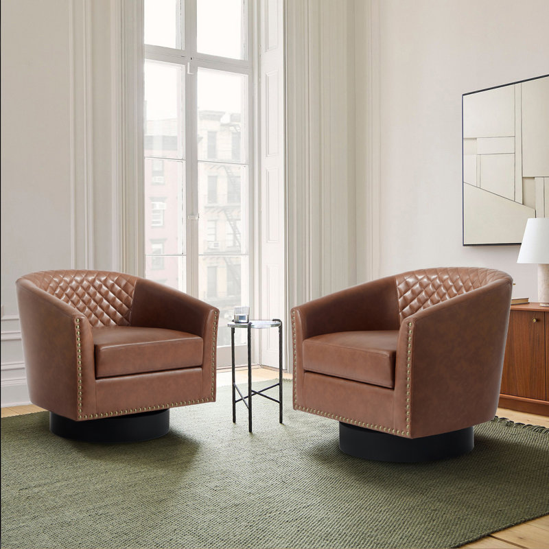 Petit fauteuil pivotant tonneau capitonné brun avec garniture cloutée Bennett, Similicuir brun