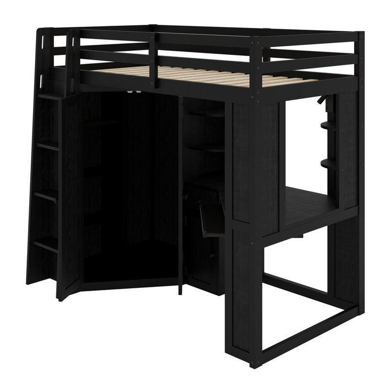 Space Saving Loft Bed with Large Wardrobe, Desk, Black