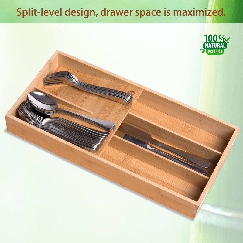 COAHAHA Durable Bamboo Silverware Organizer - Double Layer Design For Utensils Storage