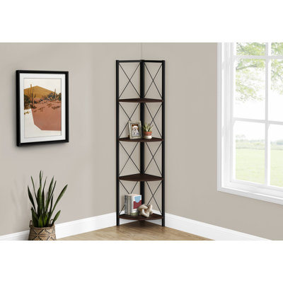Fexy 59 Inch Corner Etagere Bookcase, 4 Tier Display Shelves, Black Metal, Espresso Brown