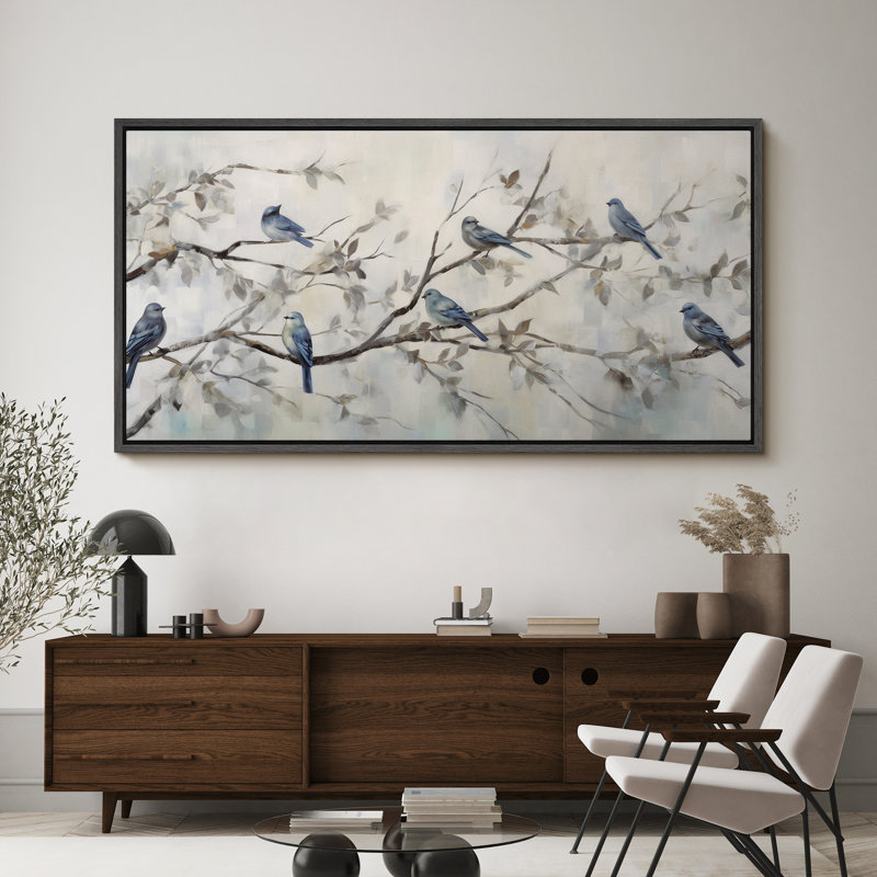 Oiseaux bleus sereins sur des branches d'animaux mignons, H 30 po x l 60 po, Noir, noir, noir, noir