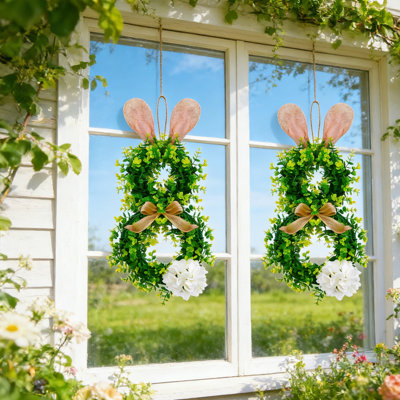 2Pcs Easter Bunny Spring Wreath for Front Door Cute Rabbit Ears Artificial Greenery Boxwood Wreath with Linen Bow and White Hydrangea for Front Door Easter Holiday Season Decoration