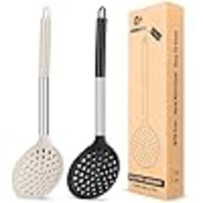 Kitchen Ladle Strainer Set Of 2 Large Slotted Spoon With High Heat Resistant BPA Free Non Stick Cooking Skimmers For Draining And Frying