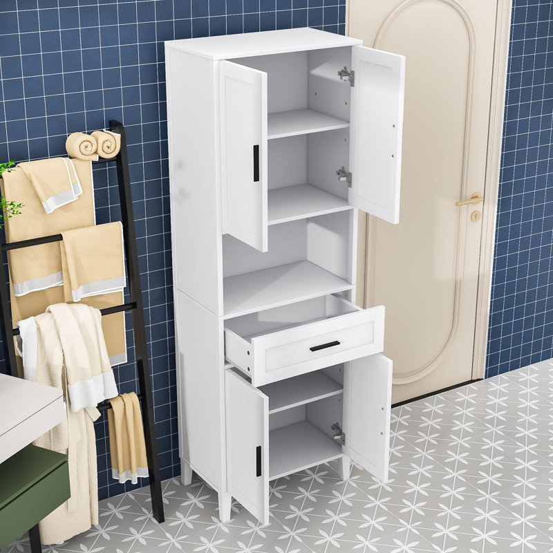 Armoire haute polyvalente avec tablette ouverte, tiroir et sécurité anti-basculement, Blanc