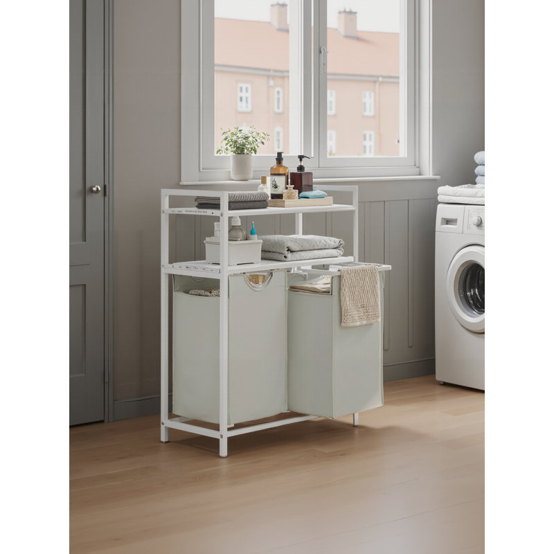 Laundry Hamper, Laundry Sorter with 2 Pull-Out Bags, 2 Shelves, 92L Capacity, for Laundry Room, White