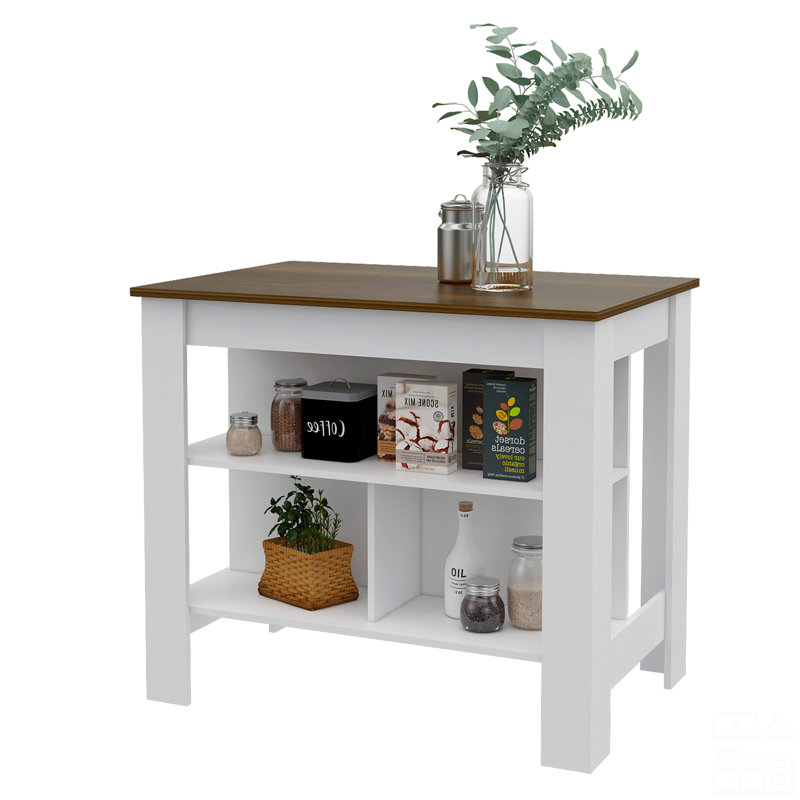 Kitchen Island, Four Legs, Three Shelves, White/Brown