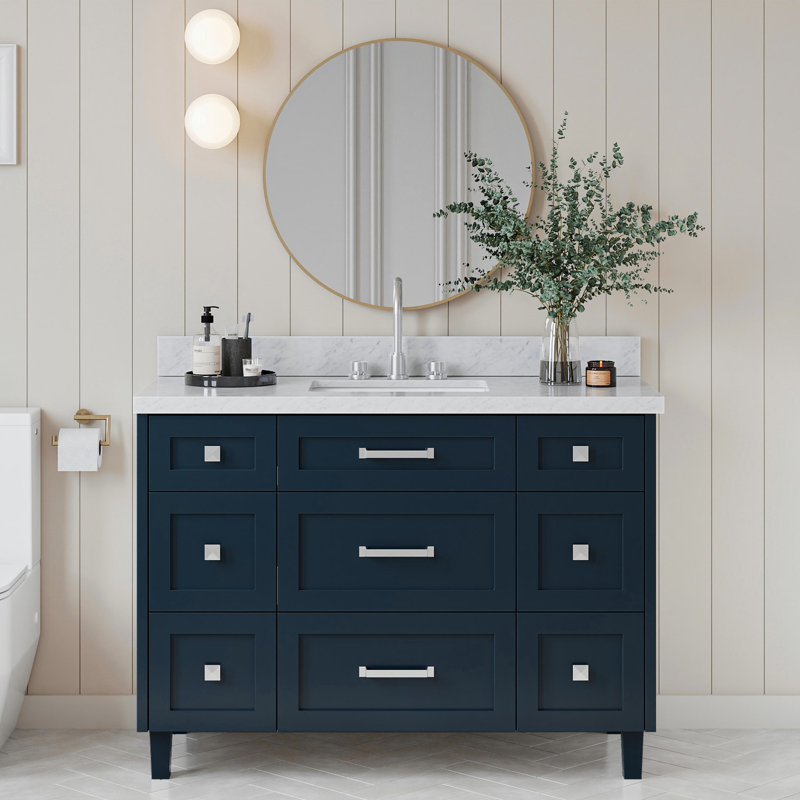 ARIEL Monroe Single Sink Bathroom Vanity with Italian Carrara Marble Top, 49", Carrara White Marble, Midnight Blue
