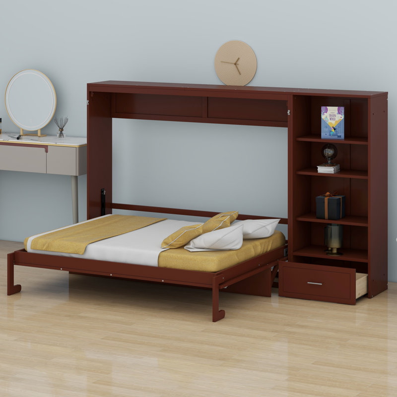 Lit escamotable avec compartiments de rangement et tablette réglables en hauteur, cadre de lit mural avec 1 tiroir, lit plateforme pliable multifonctionnel