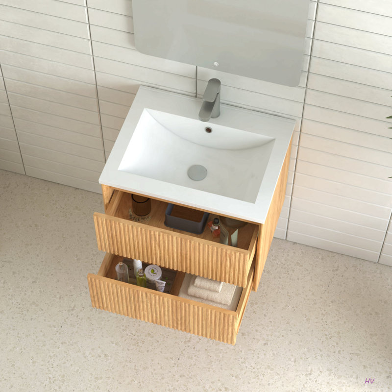24'' Floating Bathroom Vanity Set, Wall Mounted Solid Wood Bathroom Cabinet With 2 Storage Drawers, Resin Integrated Basin