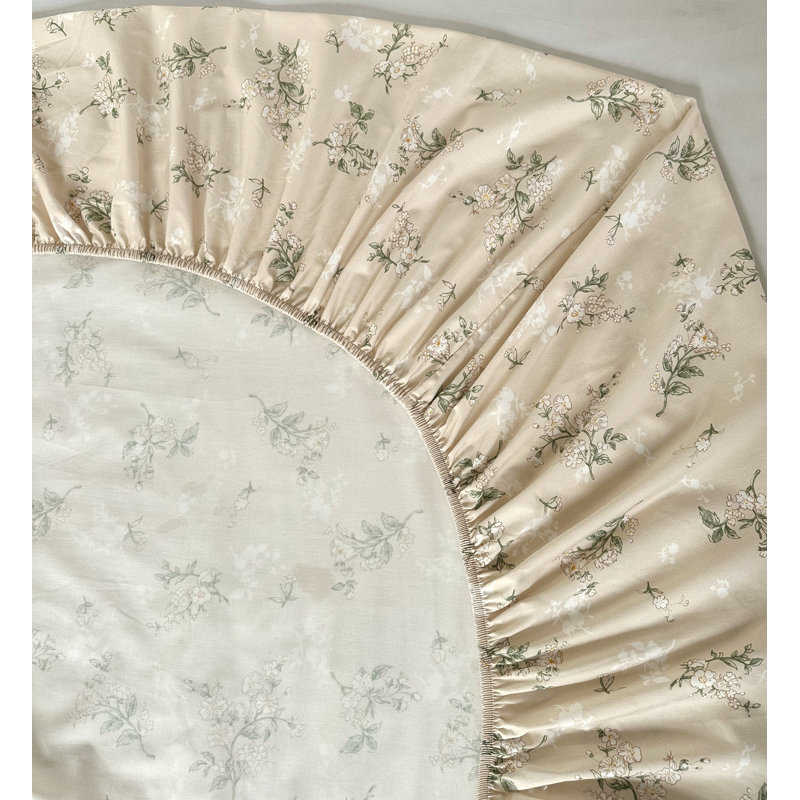 Ensemble de draps 100% coton, Ensemble de draps pour très grand lit avec 2 taie, Motif floral bleu / vert
