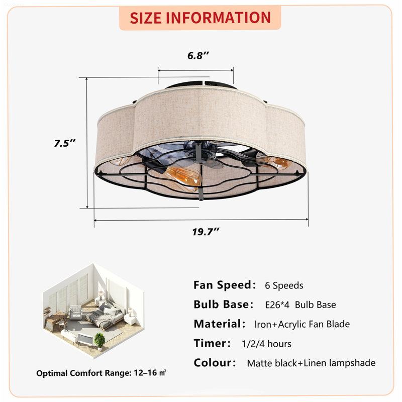 Ventilateur de plafond encastrable 20 po à 6 vitesses à abat-jour en tissu DC