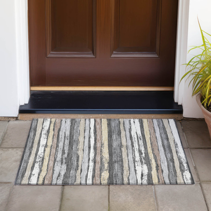 Charcoal and Beige Striped Synthetic Washable Rug