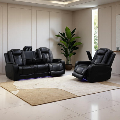 2-Piece Breathing Leather Power Recliner Sofa Set With LED Light,Wireless Charger, Reading Light, And Storage Armrest