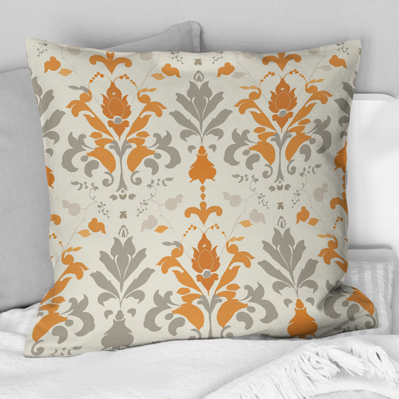 Imprimé damassé orange - Coussin Country, H 16 po x l 16 po, Carrée