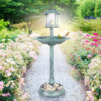 Solar Bird Bath with Bird Feeder, 42.1 Inch Polyresin Birdbath with Solar Light, Fillable Base & 3 Ground Stakes, Weather Resistant Garden Decor for Backyard Lawn