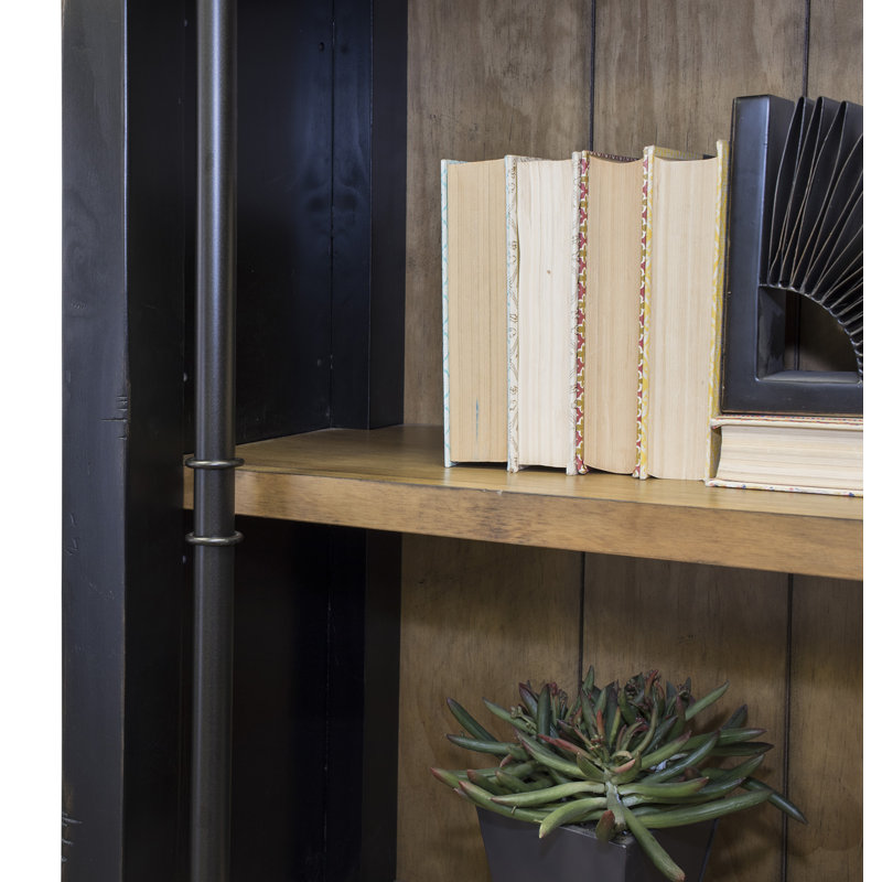 8' Black Wood Bookcase Wall with Fireplace and Ladder