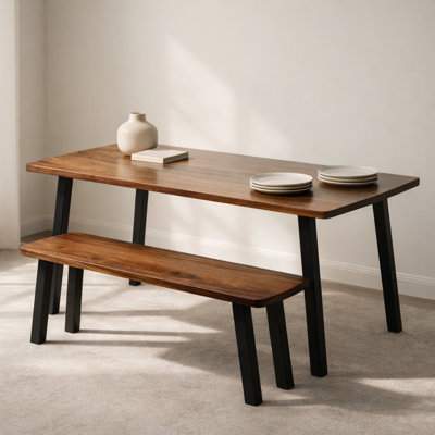 Dining Table with Bench, Solid Walnut Top and Black Metal Legs