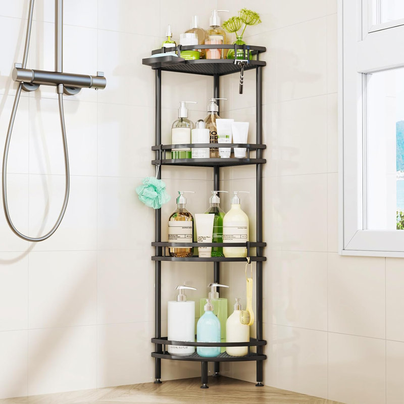 Organisateur de douche de coin à 4 niveaux avec porte-savon et crochets, tablette de salle de bain antirouille avec pieds réglables et support adhésif
